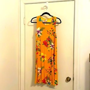 Warm Yellow Tropical Flower Knit Swing Dress Sleeveless, Size L